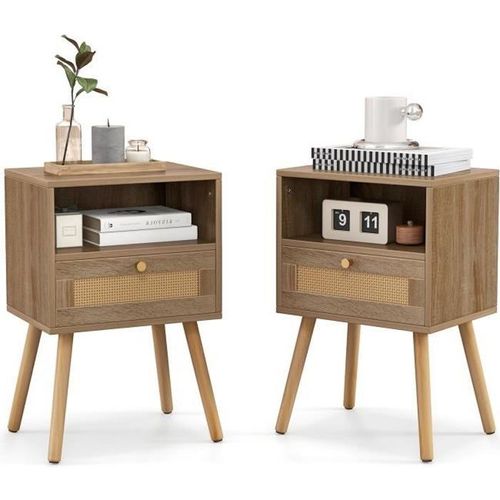Costway Lot De 2 Table De Chevet En Rotin Avec Tiroir Et Étagère Ouverte, 4 Pieds En Bois Massif, 40 X 30 X 60,5 Cm