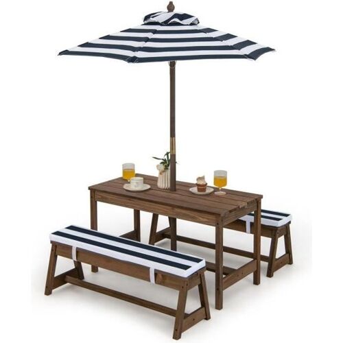 Ensemble Table Et Bancs De Jardin Pour Enfants Costway Avec Parasol Et Coussins En Sapin