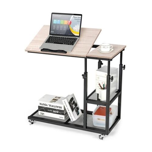 COSTWAY Table d'Appoint Plateau Inclinable à 5 Positions, Roulettes Verrouillables, Cadre en Acier, Style Industriel, Brun