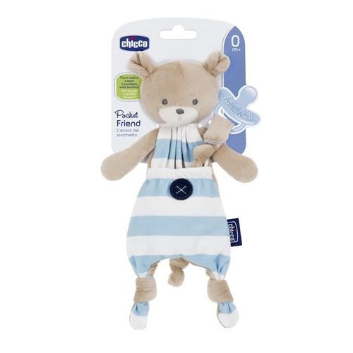 Doudou Ours Pocket Friend Chicco Porte Tetine Ourson Blanc Raye Bleu