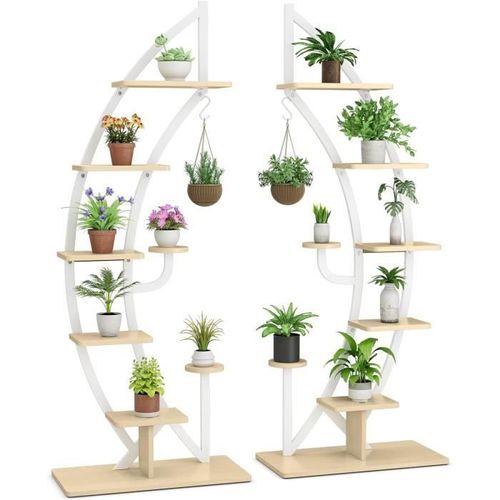 Costway Lot De 2 Étagères À Fleurs En Métal - 7 Niveaux - Porte Plantes En Forme De Demi-Lune, Dispositif Anti-Renversement Blanc