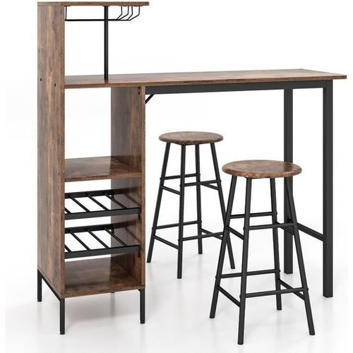 Costway Ensmeble Table Haute De Bar Avec Étagères, Mange Debout Avec 2 Tabourets, 120 X 40 X 120 Cm, Style Industriel, Café