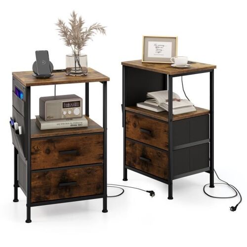 COSTWAY Lot de 2 Tables de Chevet Industrielles avec Station de Charge-Ports USB et Prises CA, 2 Tiroirs et 6 Poches Latérales