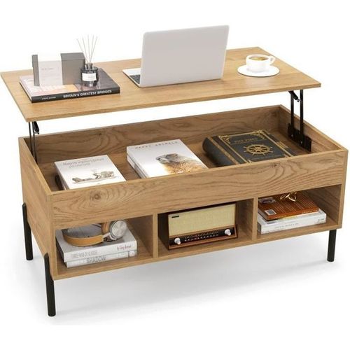 Costway Table Basse Plateau Relevable Avec 3 Compartiments Et Rangement Caché Table De Salon À Pied En Métal Avec Levage Pneumatique