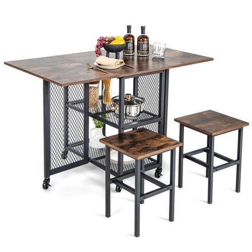 Costway Ensemble Table À Manger Pliante 3 Pièces Avec 2 Tabourets, Roulettes Verrouillables, 2 Étagères, Pour Petits Espaces