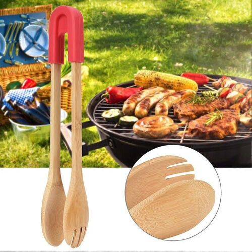 Pince à pince à barbecue pour barbecue de cuisine en bambou avec tête en silicone pour pain à salade (rouge)