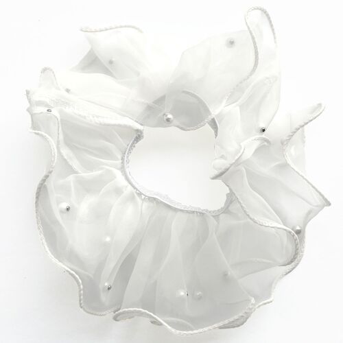 Chouchou Classique Pour Cheveux En Tissu Léger Avec Perles Raffiné Blanc
