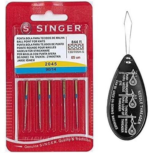 Singer Ball Point Stretch (Pointe à Bille S'étirer) 2045 Lot de 5 Aiguilles pour Machine à Coudre, Taille 90/14 avec Grand Enfile-Aiguille