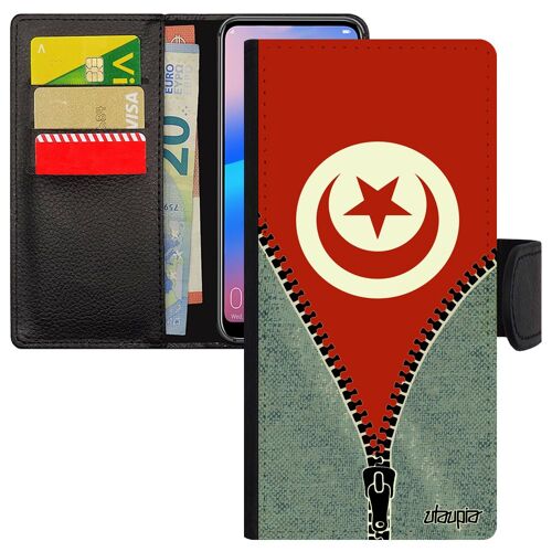Coque drapeau tunisie tunisien pour iPhone 14+ Plus portefeuille jeans Coupe d'afrique personnalisé leather foot CAN jo basket