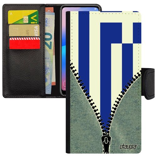 Coque Iphone 12 / 12 Pro Simili Cuir Porte Cartes Drapeau Grece Grec Jo Original Basket Foot Coupe D'europe Football Etui Euro