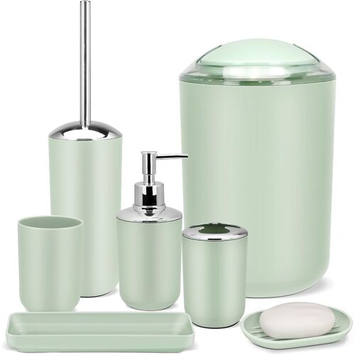 Cmjaagur-Bathroom Accessories Set,Green Bathroom Set,7 Pieces Bathroom Accessory Set,Tray,Toilet Brush,Trash Can For Bathroom Décor And Housewarming Gifts[M70]