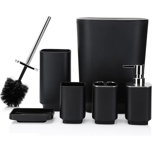 CMJAAGUR-Lot De 6 Accessoires De Salle De Bain En Plastique De Luxe Avec Poubelle, De Toilette, Porte- À Dents, Gobelet, Porte-Savon, Distributeur De Savon, Cadeau (Noir)[M1053]