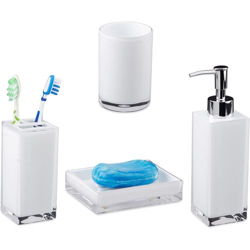 Senior-Accessoires Salle De Bain Set 4 Pièces Distributeur Savon Gobelet À Dent Porte-Savon Plastique, Blanc,9 X 12 X 19.5 Cm[L630]