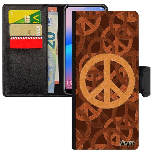 Coque Peace And Love Antichoc S24 Ultra En Cuir Portefeuille Harmonie Marron Tatouage Yoga Magnetique 4g Hippie Image Samsung Galaxy