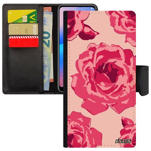 Coque Rose Fleur Pour Huawei P20 Rabat Love Etui Romantique Personnalisé Dessin Rose Tatoo Floral Case Eternelle Nature Femme Poudré