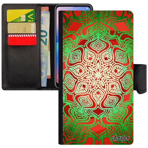 Coque iPhone 12 mini portefeuille Mandala couleur bouddhisme tibetain Vert indien smartphone à clapet telephone rosace imprimé