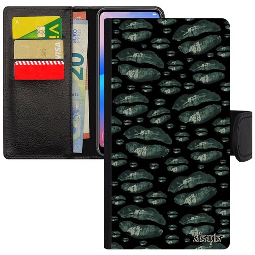 Coque Iphone 13 Mini Cuir À Rabat Portefeuille Porte Cartes Bouche Portable Flip Case Dessin Fantaisie Levres Bisou Femme Gris