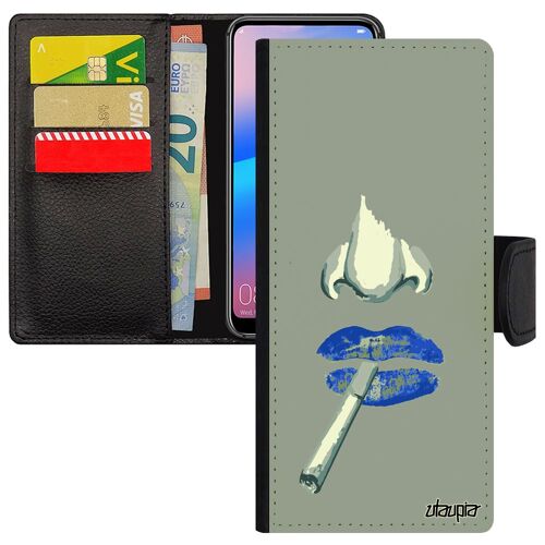 Coque Fumeuse Samsung A05s Simili Cuir Rabat Portefeuille Bleu Femme Unique Noir Mobile Levres Cigarette Housse Telephone De Galaxy
