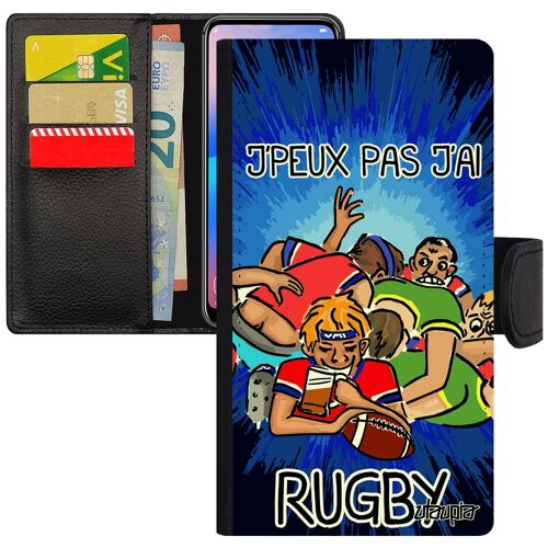 Coque Iphone 7 Cuir Rabat Portefeuille J'peux Pas J'ai Rugby Housse Dessin Case Pochette Bd Xv De France Sport Smartphone Bleu