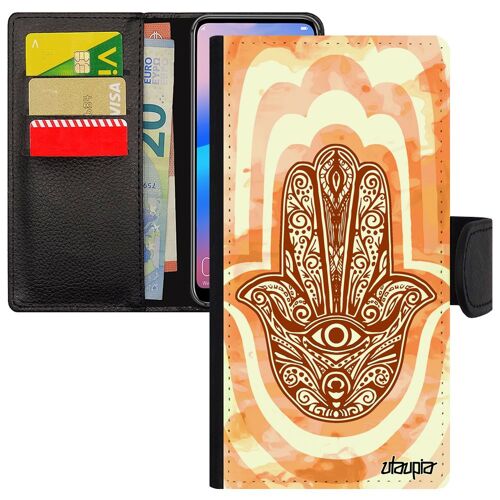 Coque rabat iPhone 15 cuir portefeuille main de fatma porte bonheur afrique du nord fatima motif berbere orange case à clapet