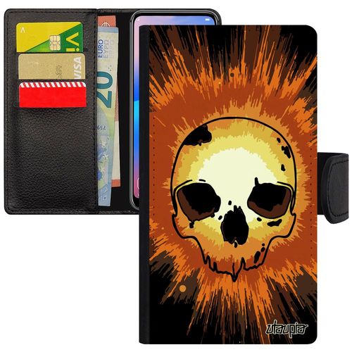 Coque Iphone 12 Mini Simili Cuir Rabat Portefeuille Silicone Tete De Mort Telephone Orange Explosion Old School Emo Squelette