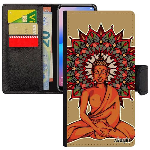Coque Huawei Y5 2018 Simili Cuir Portefeuille Bouddha Antichoc Thailande Cadeau De Noel Yoga Mandala Bouddhisme D'or Pochoir Rigide