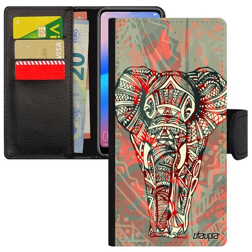 Coque Elephant Pour Huawei Mate 10 Lite En Cuir Rabat Portefeuille Rne-L01 Plume Tribal Azteque Sagesse Dessin Animal D'afrique Etui