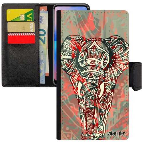 Coque Samsung J3 2015 Simili Cuir Rabat Portefeuille Elephant Ethnique Sagesse Rigide Rouge Homme Tribal Cadeau De Noel Plume Galaxy