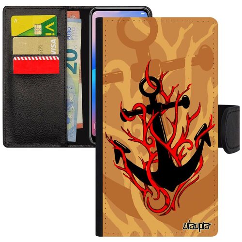 Coque Rabat P Smart 2018 Cuir Ancre Pas Cher Case Artistique Beige Leather Symbole Feu Old School Vintage Capitaine Metal Mer Huawei