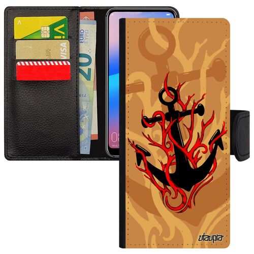 Coque Ancre Samsung A05s Cuir Portefeuille Capitaine Old School Symbole De Bateau Femme Tatouage Mer Antichoc Marine Feu Noir Galaxy