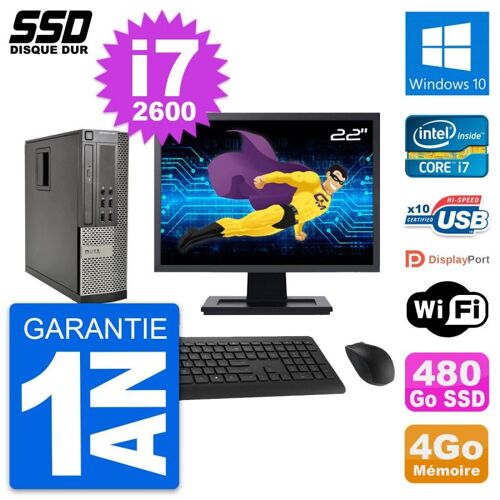 PC Dell OptiPlex 990 SFF Ecran 22" i7-2600 RAM 4Go SSD 480Go Windows 10 Wifi
