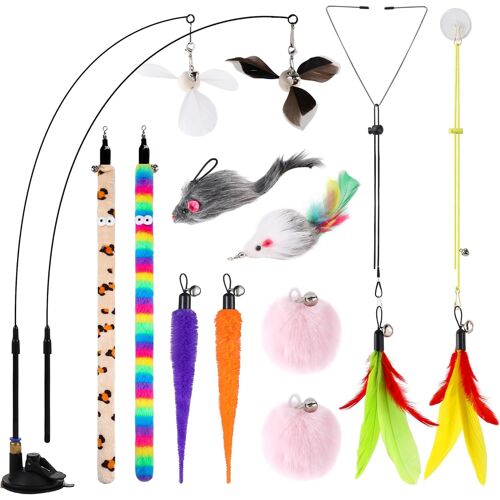 Kalanka-4-En-1 Jouets Interactifs Pour Chat Avec Plumes, 12 Pièces De Remplacement Durables Pour Jouet De Pêche Pour Chat, Baguette Avec Ventouse Améliorée Pour Chat, 2 Types De Jouets À Ficelle Pour