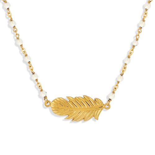 Collier Argent Doré Plume Et Pierres Naturelles Blanches