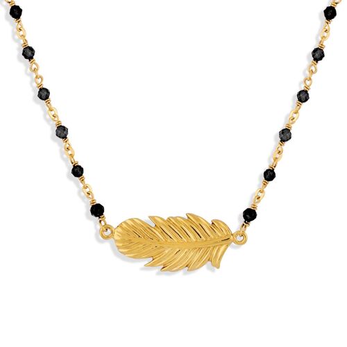 Collier Argent Doré Plume Et Pierres Naturelles Noires