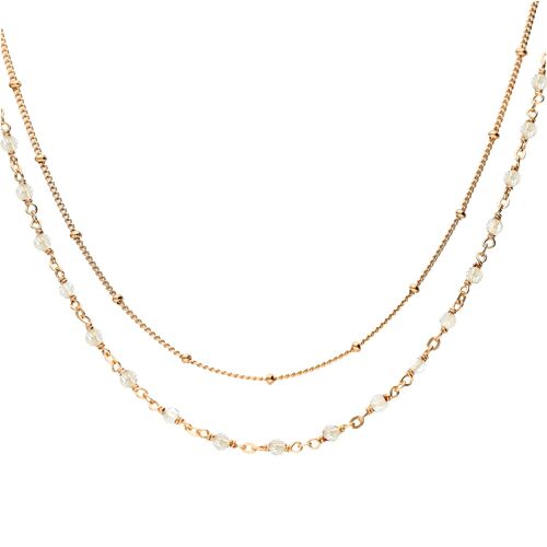 Collier Argent Doré Double Chaine Et Pierres Naturelles Blanches