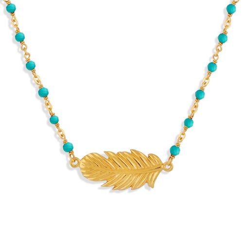 Collier Argent Doré Plume Et Turquoise