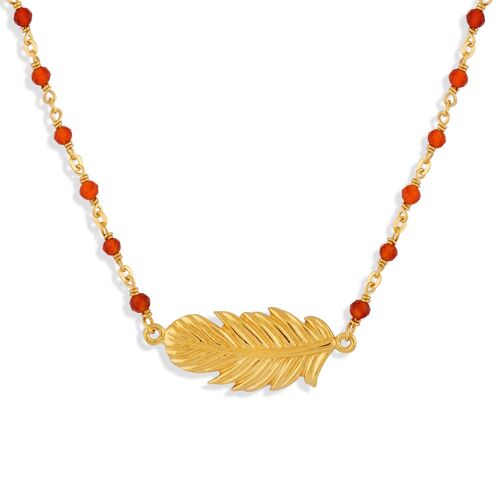 Collier Argent Doré Plume Et Pierres Naturelles Rouges