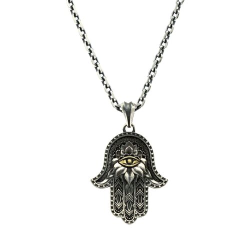 Collier Argent Main De Fatma Hamsa Avec Un ?il Doré