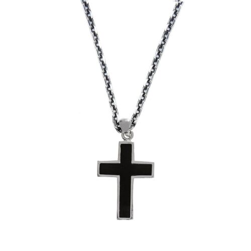 Collier Homme Argent Croix Rock Onyx Noir
