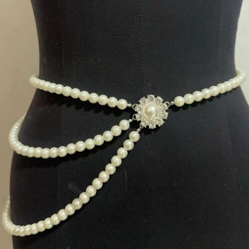 Chaîne De Taille À Trois Couches De Perles, Grande Fleur, Accessoires En Pierres Précieuses, Chaîne De Taille Pour Femme, Chaîne De Corps - Miwi - Blanc
