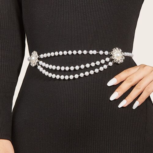 Accessoires De Fleurs Incrustées De Pierres Précieuses Reliés À Une Chaîne De Perles, Une Chaîne De Taille À Pompon, Des Ornements De Taille - Miwi - Argent