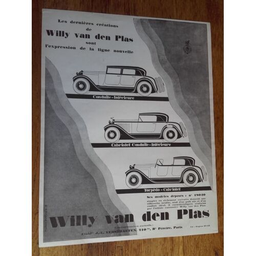 Publicité Année 1926 Automobiles Willy Van Den Plas Conduite Intérieure Cabriolet Torpédo