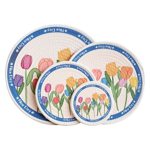 Tapis De Table Rond En Coton Épais, 1 Pièce, 12/18/24/30cm, Tapis Isolant Imprimé Fleur De Tulipe