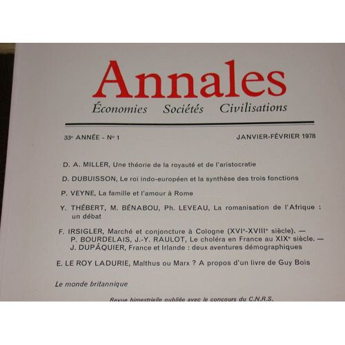 Revue "Annales" Economies Sociétés Civilisations. Janvier-Février 1978