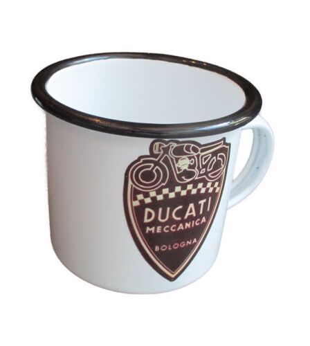 Mug Émail Ducati Meccanica Blanc Tasse Emaillée 2 Logos Noir Et Or