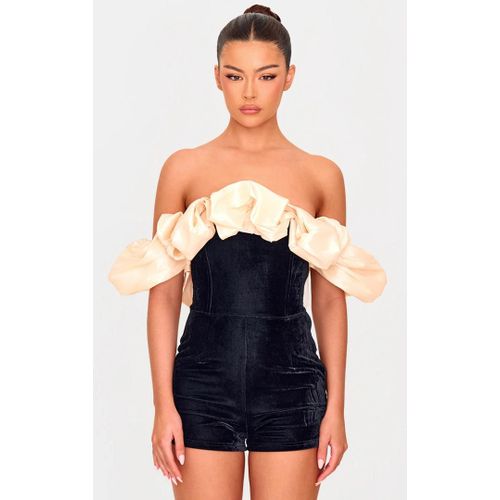 Combinaison En Velours Noir À Col Bardot Contrasté Et Manches Bouffantes, Noir