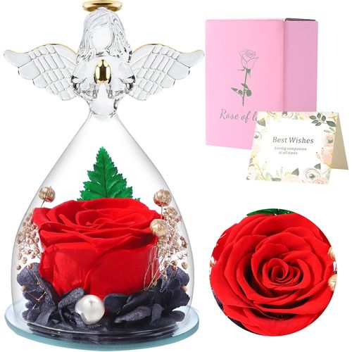Eternal Roses Gifts For Her,Gift Woman Preserved Roses In Glass Angel Figurines,Flower Angels For Mom Grandma Wife Sister Girlfriend (Red)