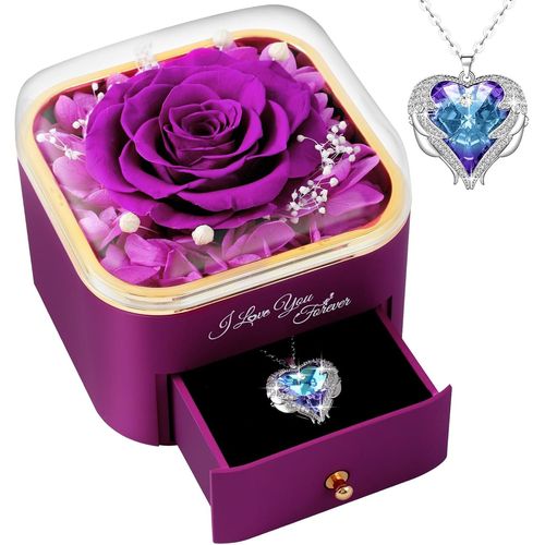 Eternal Rose With Heart Necklace,Preserved Roses With Jewellery,Women's Birthday Gift For Wife Mum Idea With Jewellery Mother's Day Christmas-Purple