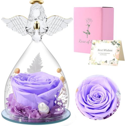 Eternal Roses Gifts For Her,Gift Woman Preserved Roses In Glass Angel Figurines,Flower Angels For Mom Grandma,Wife,Sister,Girlfriend (Light Purple)
