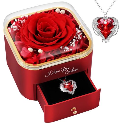 Eternal Rose With Heart Necklace,Preserved Roses With Jewellery,Women's Birthday Gift For Wife Mum Idea With Jewellery Mother's Day Christmas-Red